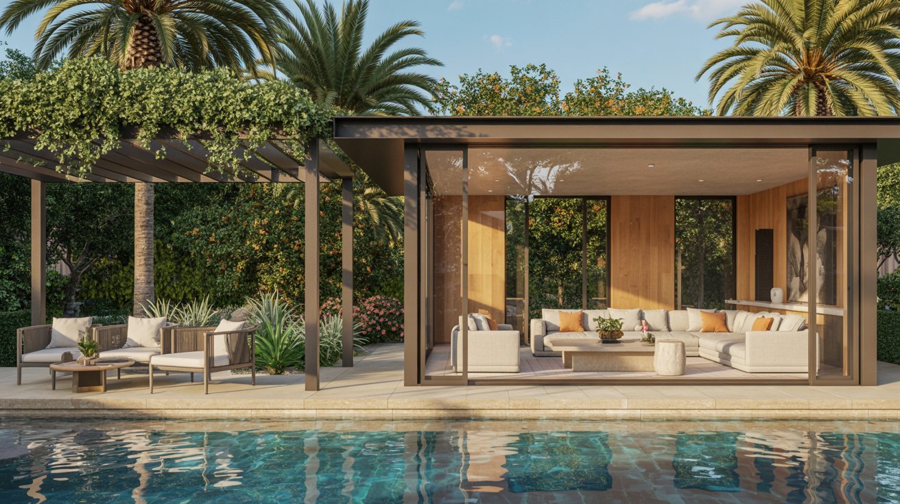 A sleek modern home featuring a pool and a stylish outdoor living area for relaxation and entertainment.
