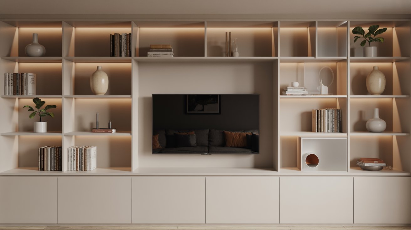 . A modern living room featuring white shelves and a television, creating a bright and inviting atmosphere.
