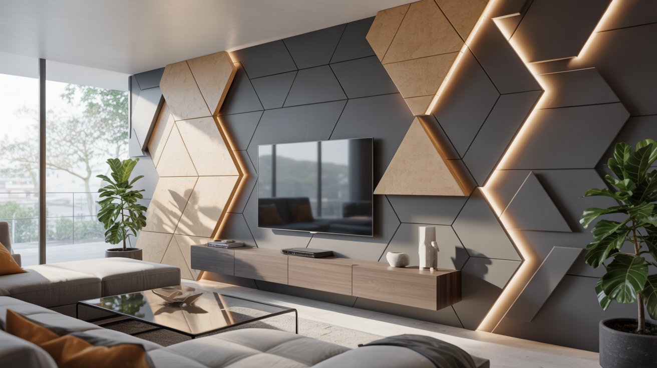 Contemporary living room showcasing geometric wall patterns and sleek furniture, creating a chic and inviting space.