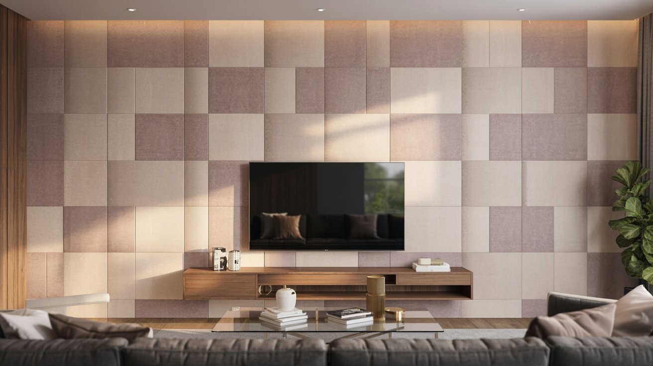 Modern living room featuring a large TV mounted on the wall and a comfortable couch in a stylish arrangement.
