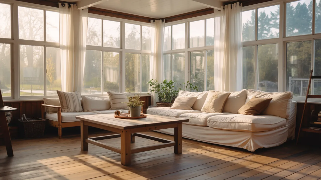 A sunroom featuring a cozy couch, a coffee table, and large windows allowing natural light to fill the space.
