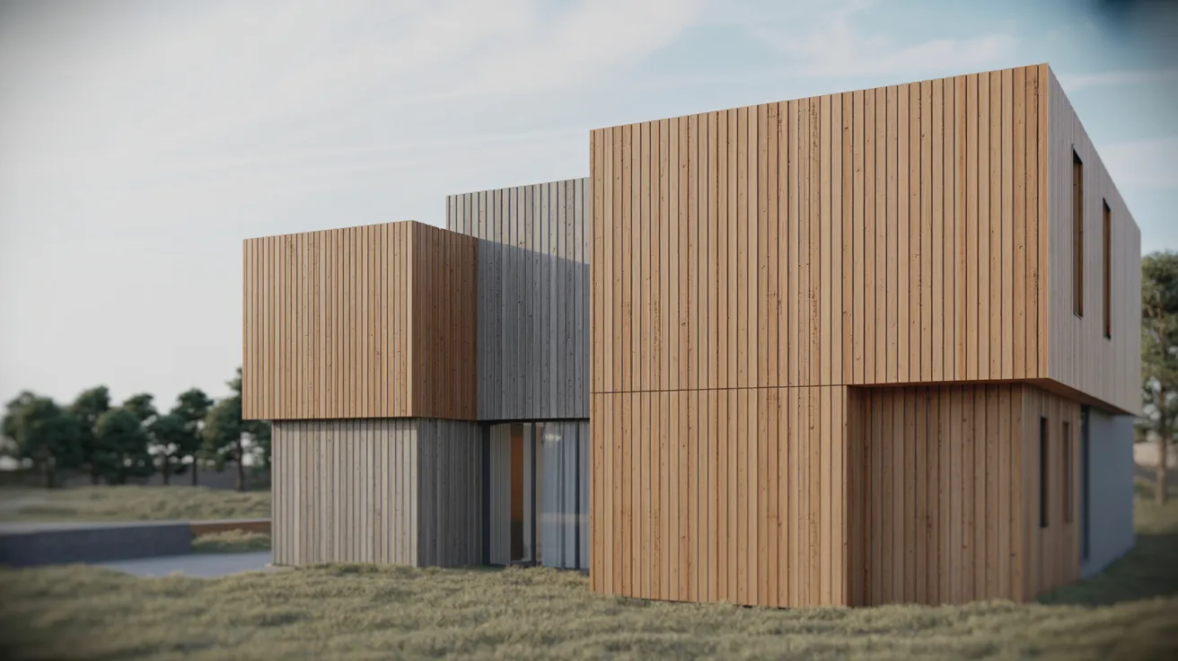 A stylish modern home with wooden exterior panels, emphasizing clean lines and a bright, open atmosphere.
