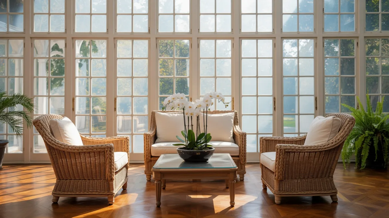 A bright living room with wicker chairs and a central table, creating a welcoming atmosphere.