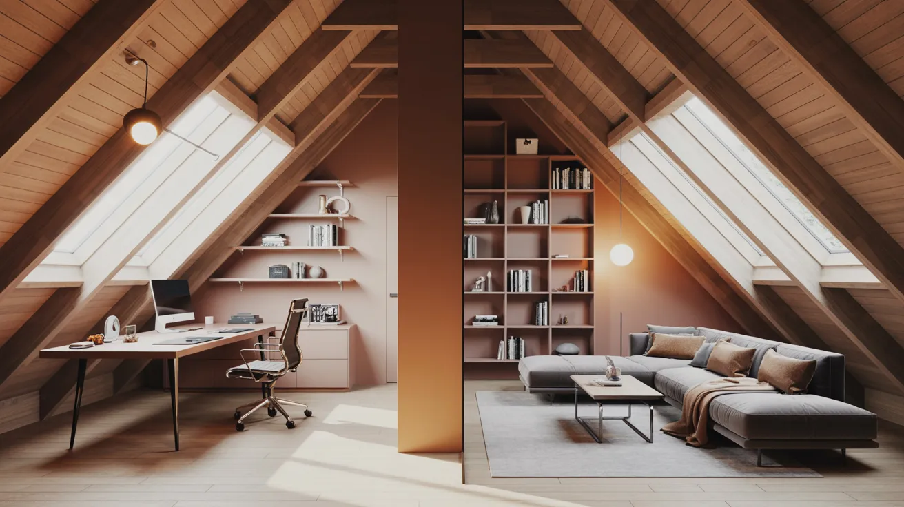 An attic room featuring a cozy couch, a desk, and a bookshelf filled with books.