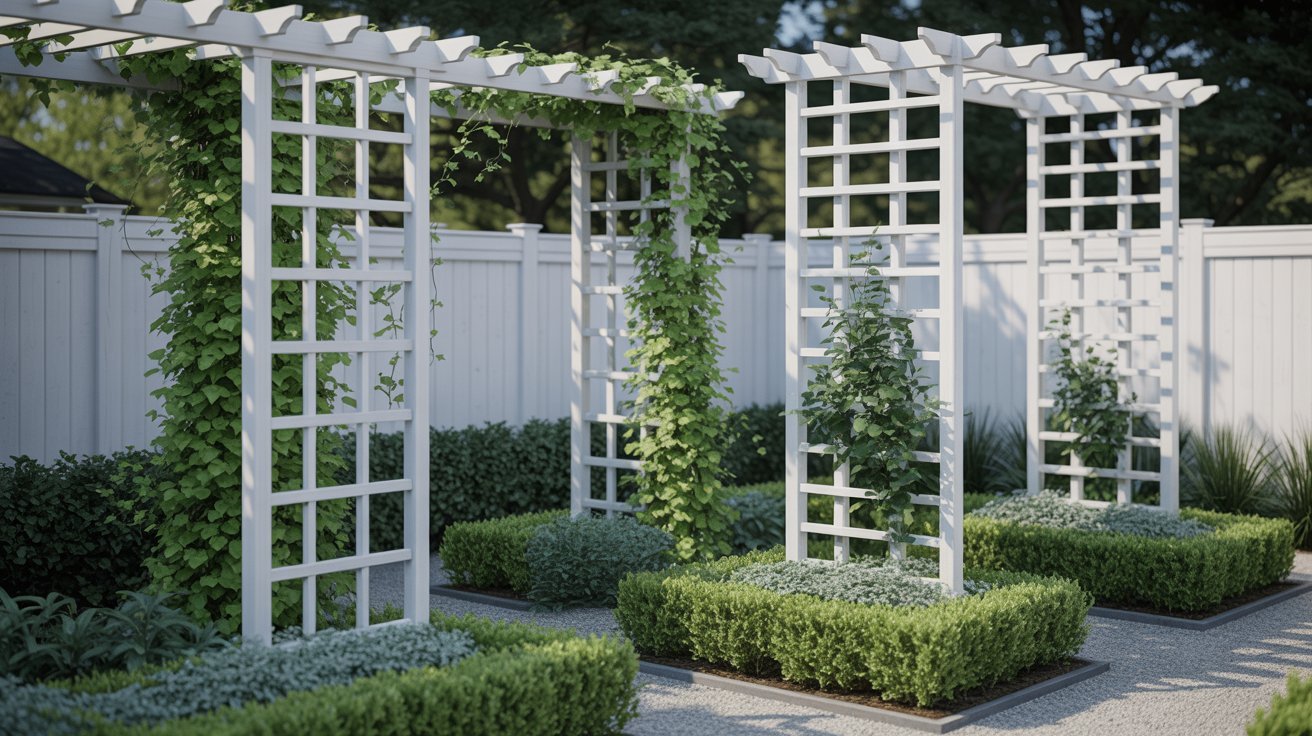 A white fence surrounds a pergola adorned with climbing plants and neatly trimmed shrubs.