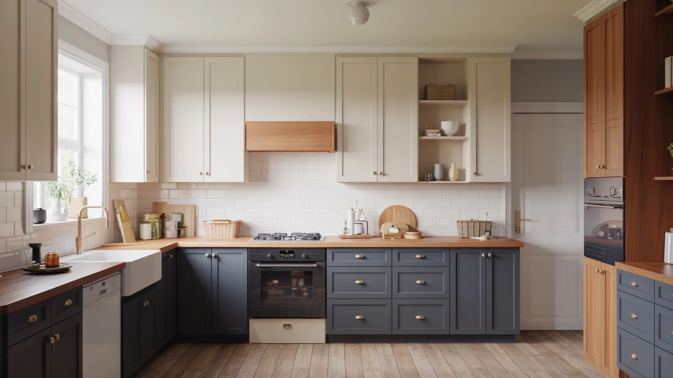 A modern kitchen featuring blue and white cabinets, creating a bright and inviting atmosphere.