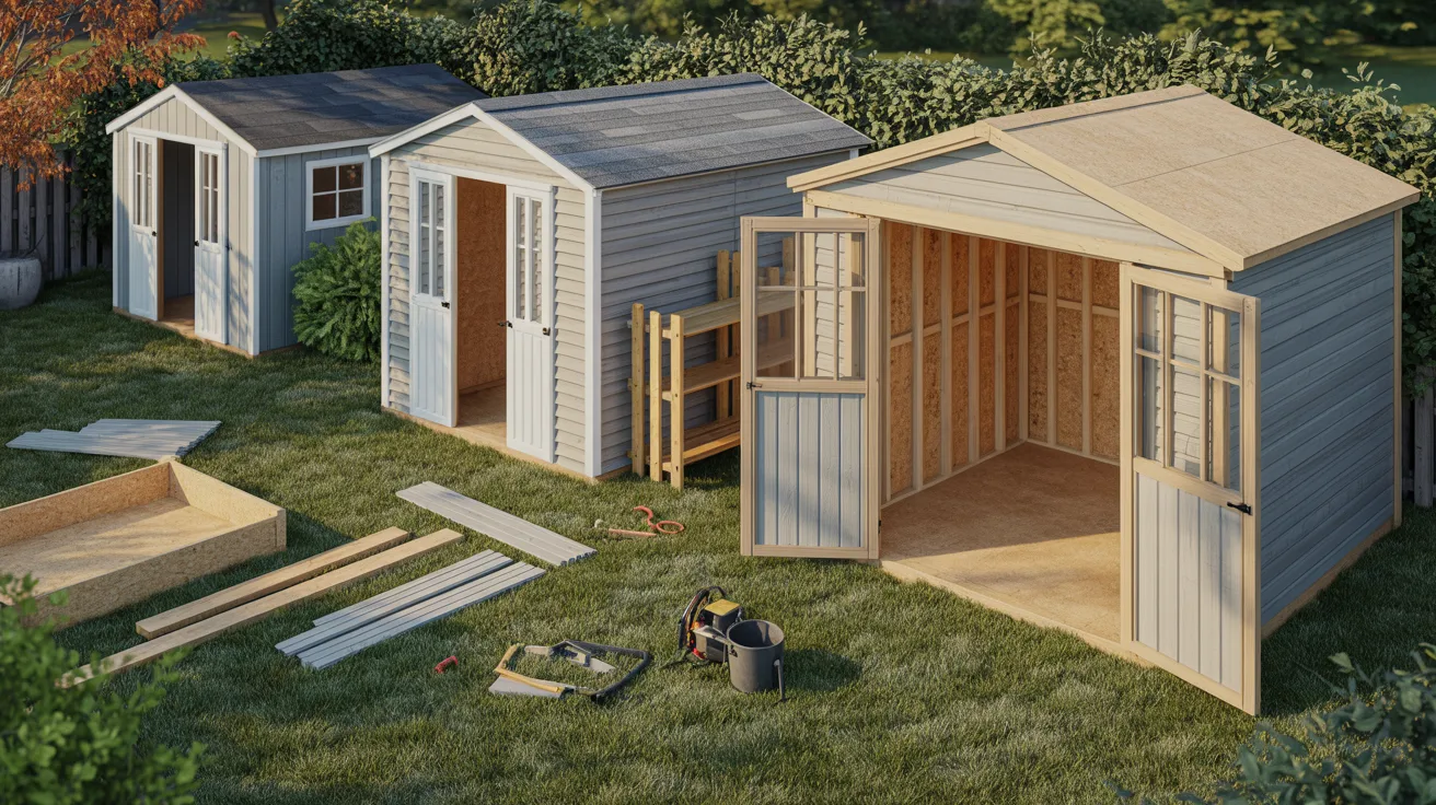 A backyard shed featuring a wooden door and two windows, surrounded by grass and trees.