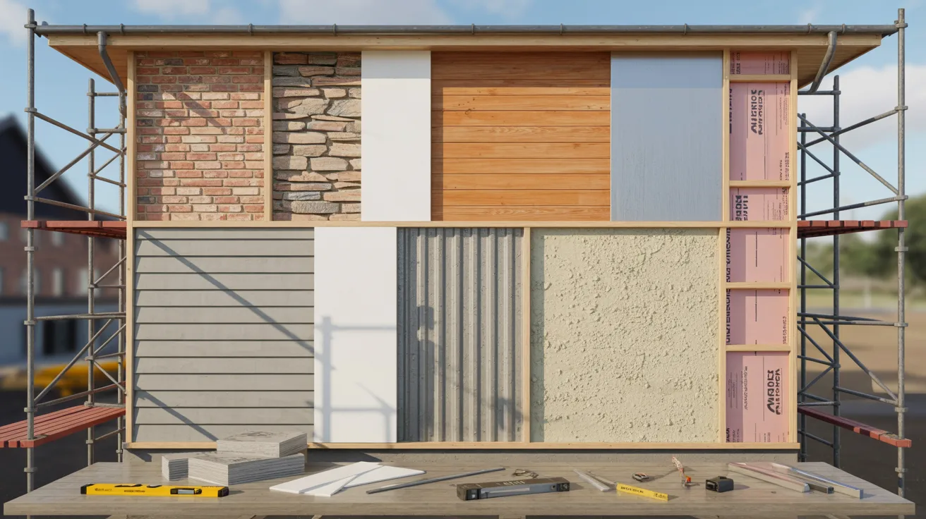 A wooden-framed house with visible insulation, showcasing its structure and energy-efficient design.
