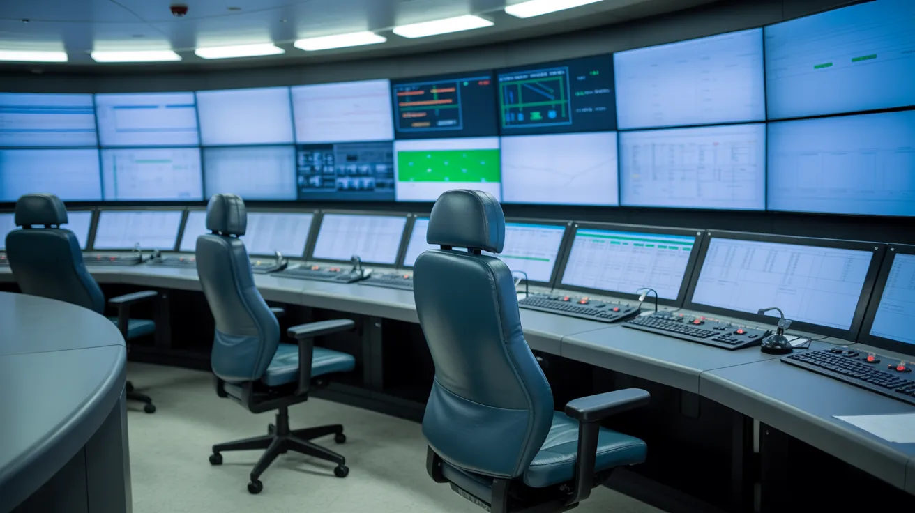 Control room of a large ship featuring multiple monitors displaying navigation and operational data.