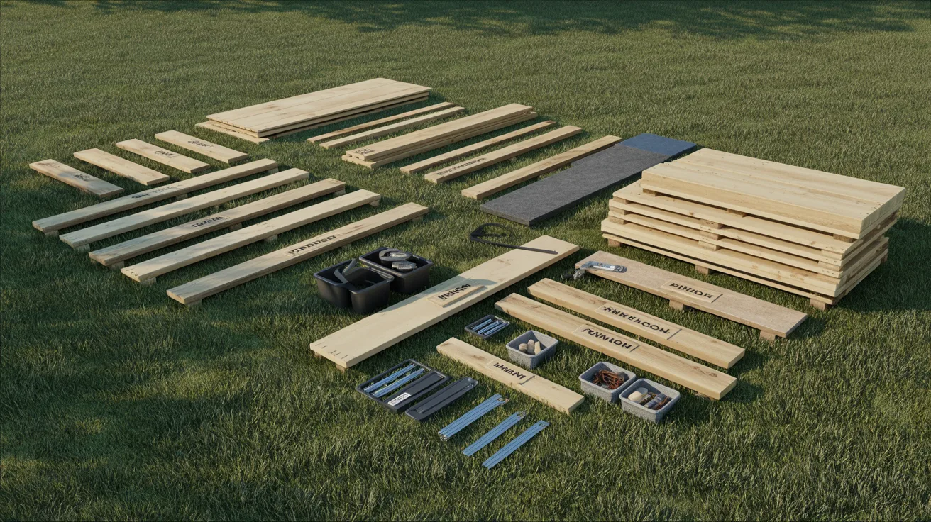 A collection of wooden boards arranged neatly on green grass.