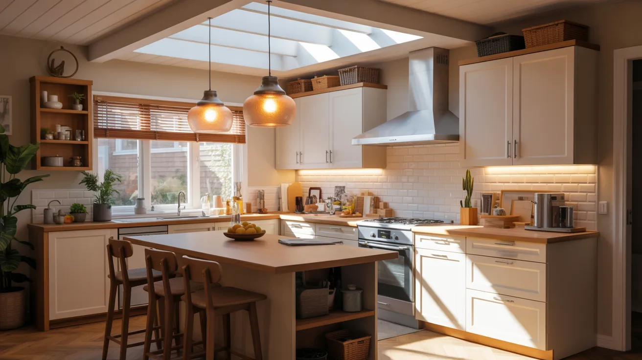UA bright kitchen featuring a skylight and a wooden table, creating a warm and inviting atmosphere.