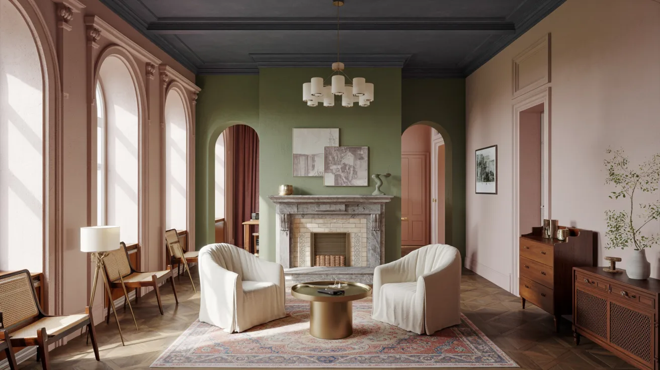 A cozy living room featuring a fireplace, two chairs, and a decorative rug on the floor.