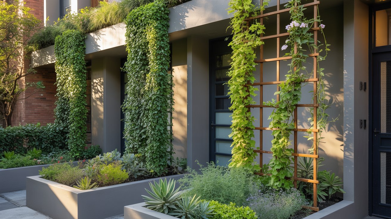 A contemporary house surrounded by vibrant plants in stylish planters, showcasing modern architecture and greenery.
