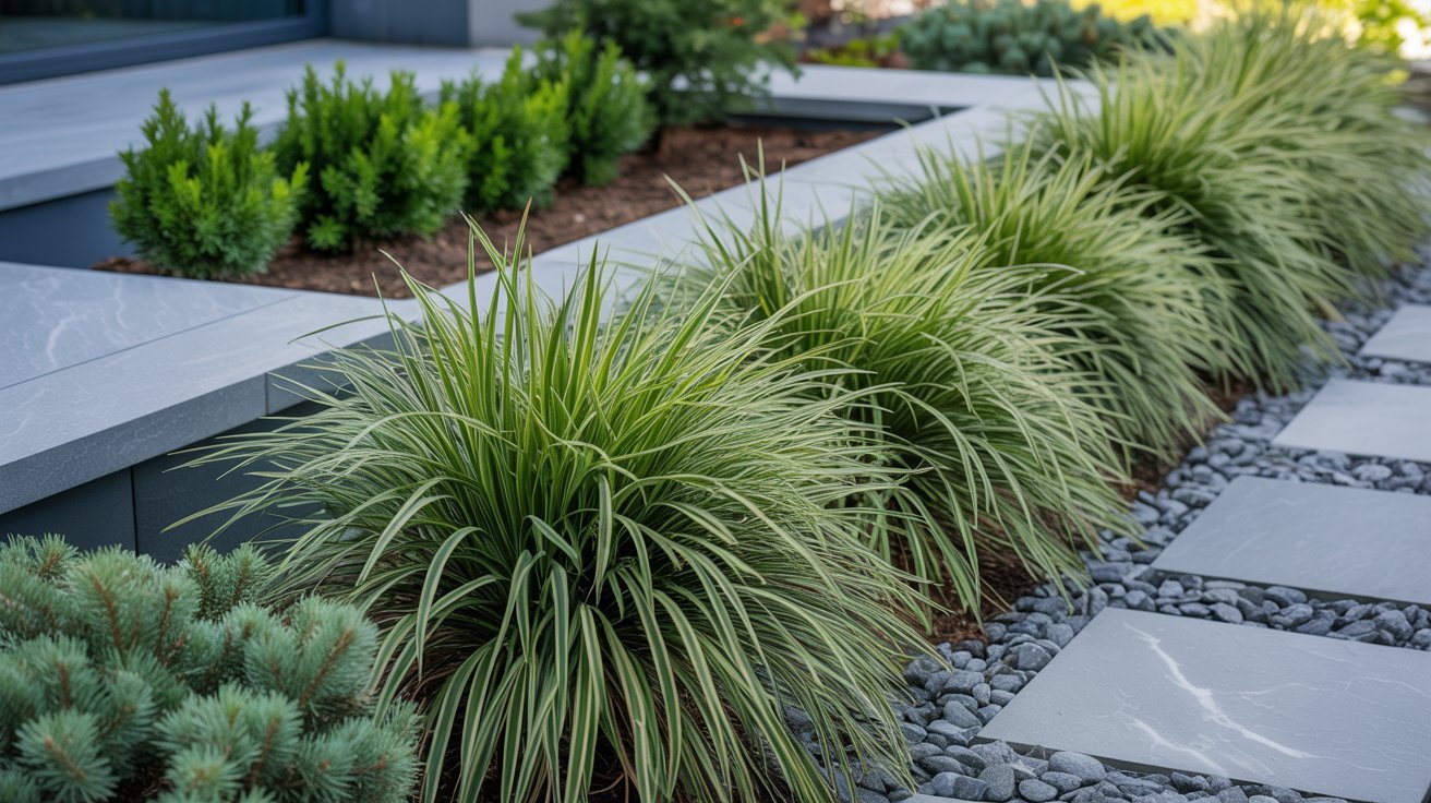 A tranquil garden scene with diverse plants set against a gravel pathway.
