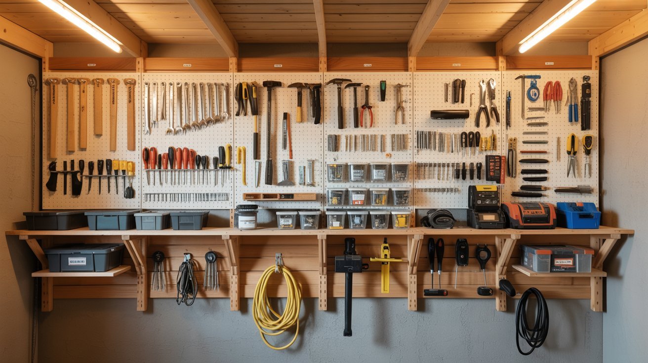 A garage interior filled with various tools organized on shelves and a workbench, showcasing a practical workspace.