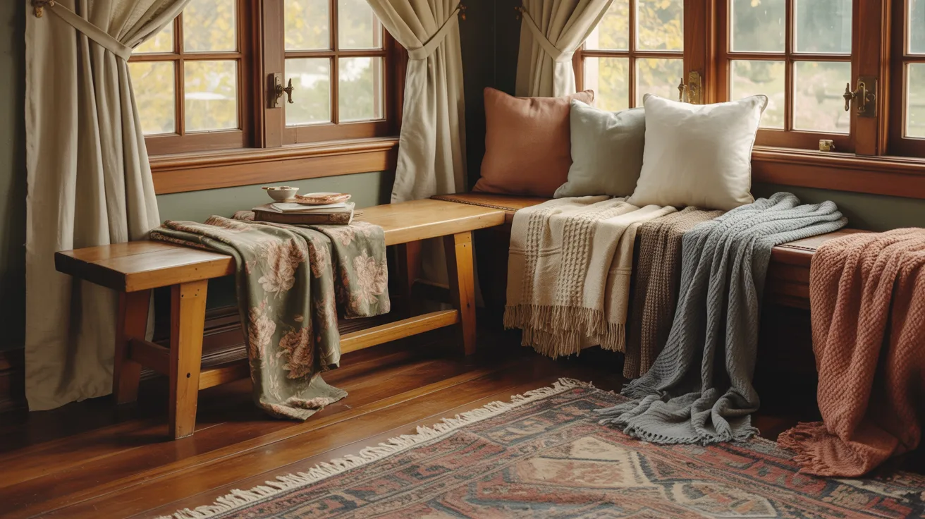 A cozy window seat adorned with a soft rug and colorful pillows, inviting relaxation and comfort.