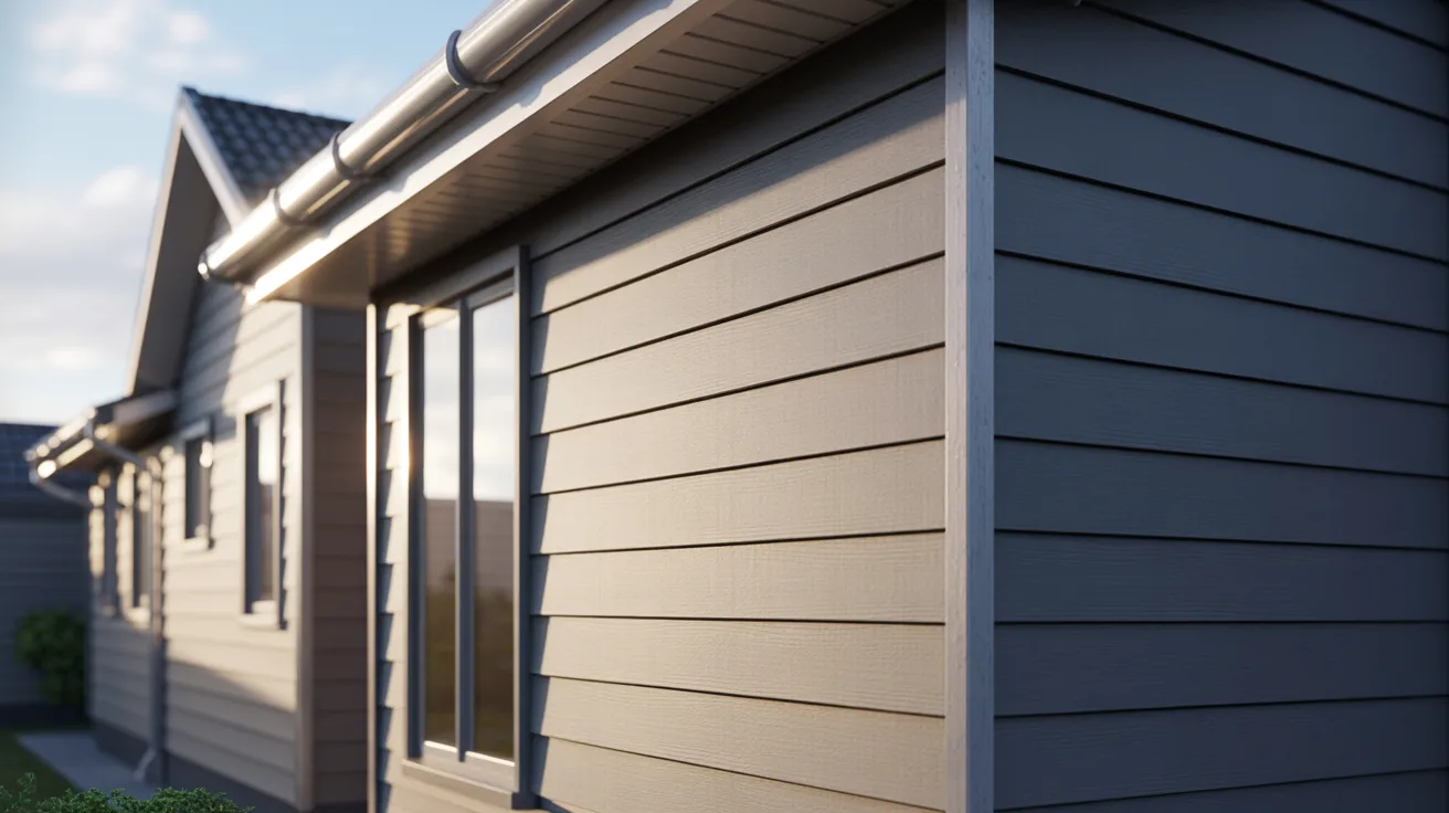 A house with grey exterior siding and a pitched roof, set in a suburban environment.