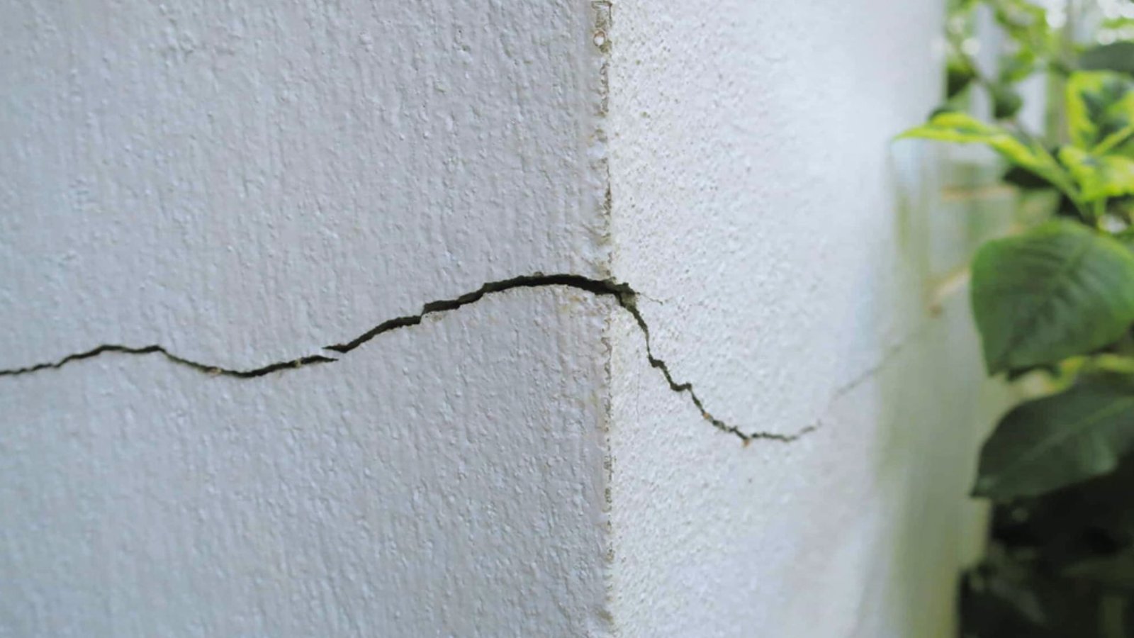 A visible crack running through the surface of a white wall, highlighting wear and damage.