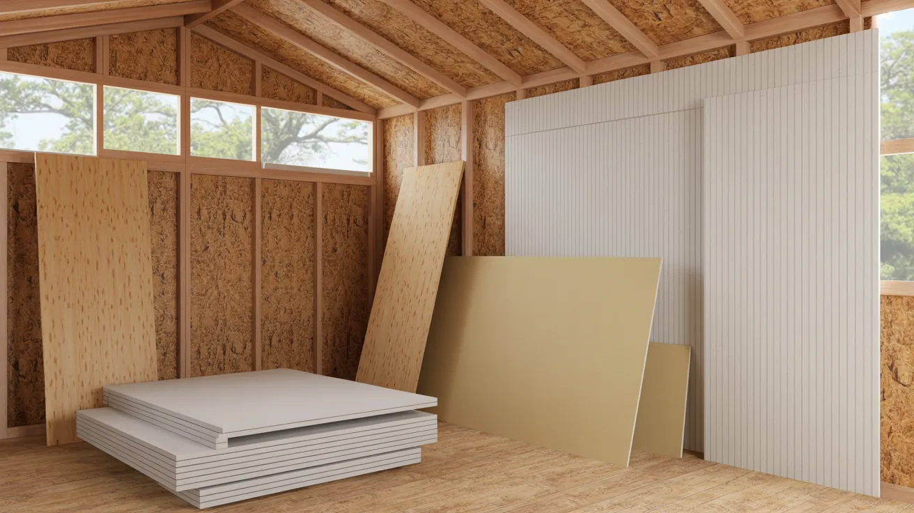 A simple room featuring a bed, a table, and a plywood wall, creating a minimalist and functional living space.