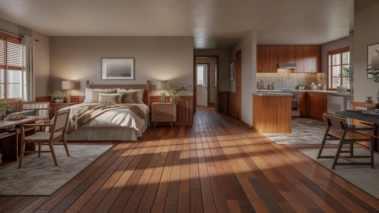 A cozy, open-plan room with wooden floors features a bed with neutral bedding, adjacent nightstands, and a small dining area. A kitchen is visible in the background. Warm sunlight filters through the windows.
