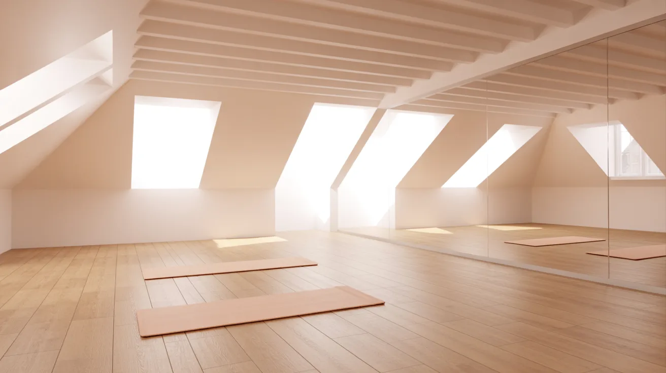 An empty yoga studio featuring several mats on the floor and large mirrors lining the walls.