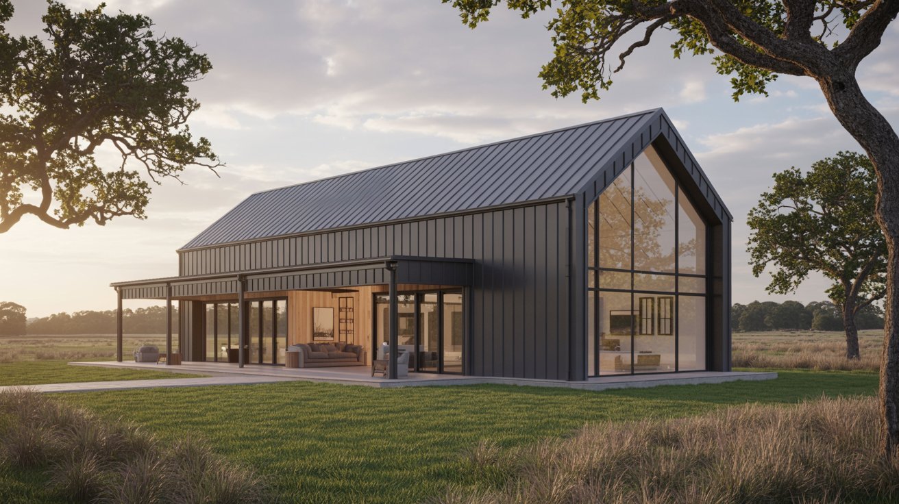 A modern barn house featuring a spacious porch and large windows, blending contemporary design with rustic charm.
