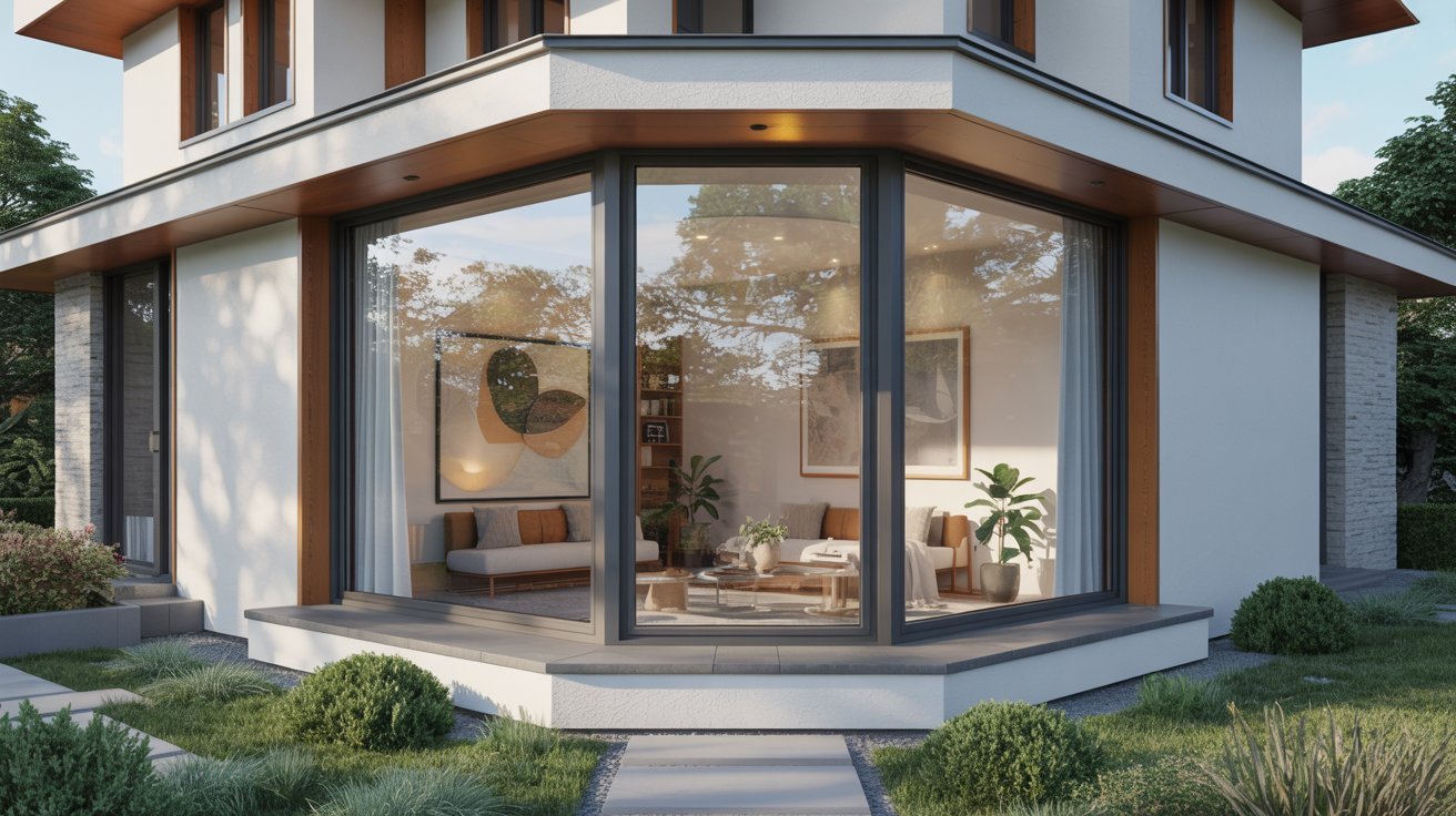 A modern house featuring large windows and a spacious patio, showcasing contemporary architectural design.