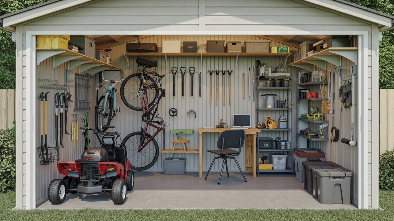 A garage interior featuring a bike rack, various tools, and assorted items organized on shelves and walls.