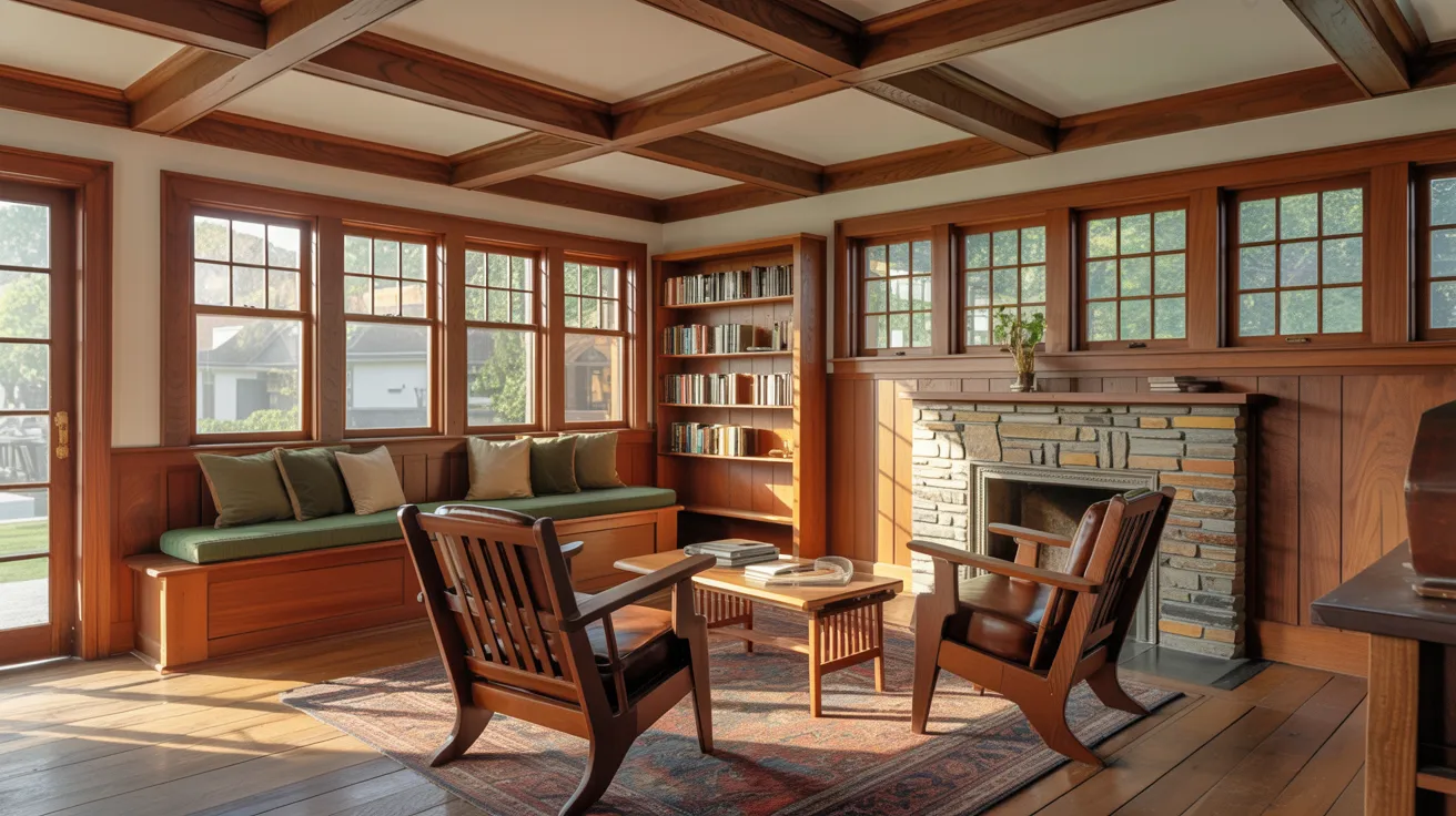 A cozy living room featuring wooden furniture and a warm fireplace, creating an inviting atmosphere.