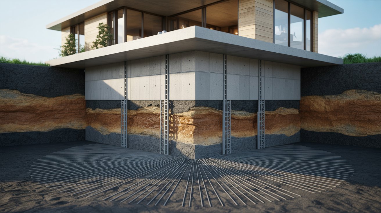 A house featuring a sturdy concrete foundation and a solid concrete wall, showcasing modern architectural design.