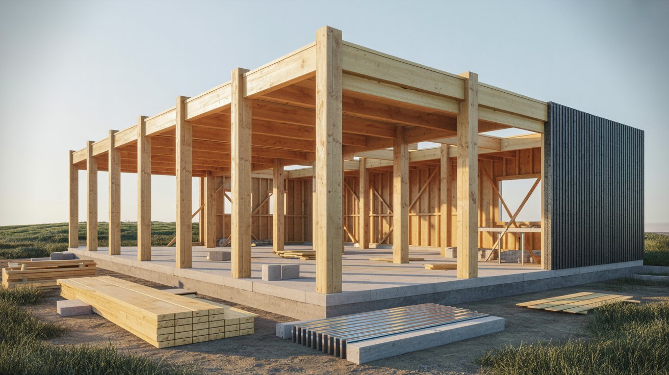 Wooden frame construction in progress for a new building, showcasing workers and materials on-site.