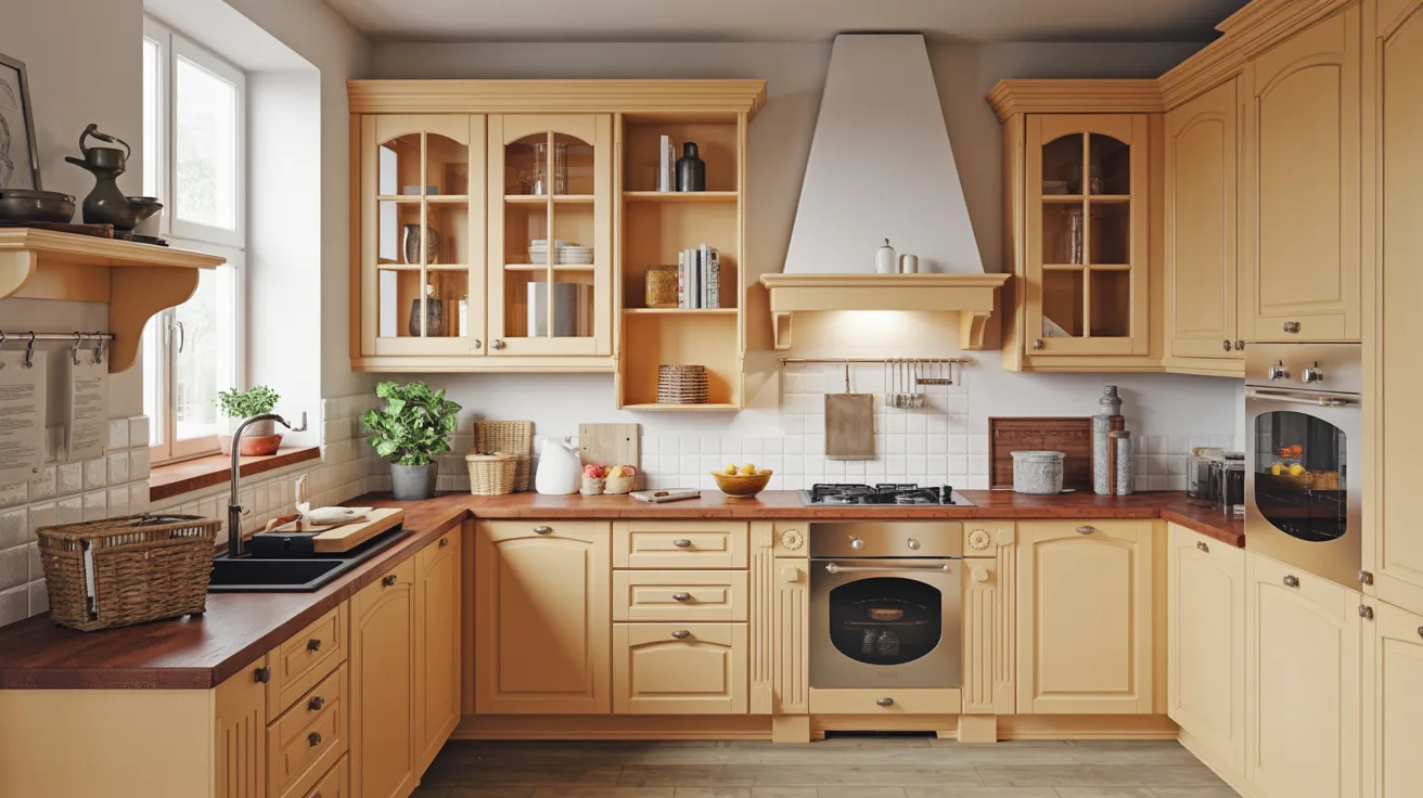 A bright kitchen featuring yellow cabinets and warm wooden floors, creating a cheerful and inviting atmosphere.