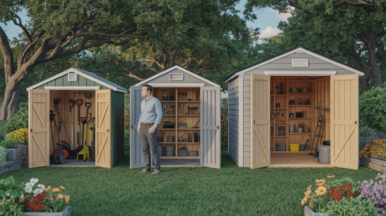 Three storage sheds arranged in a lush garden, surrounded by greenery and colorful flowers.