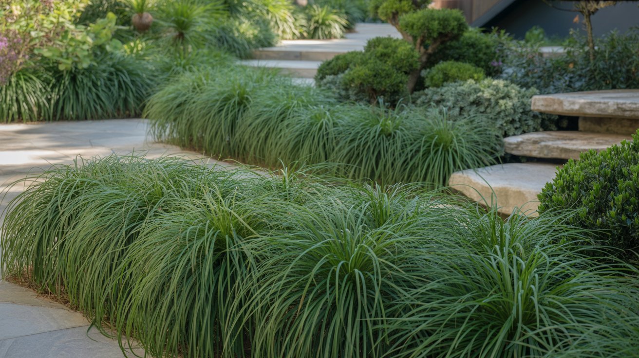 A picturesque garden showcasing a stone path amidst a carpet of green grass.