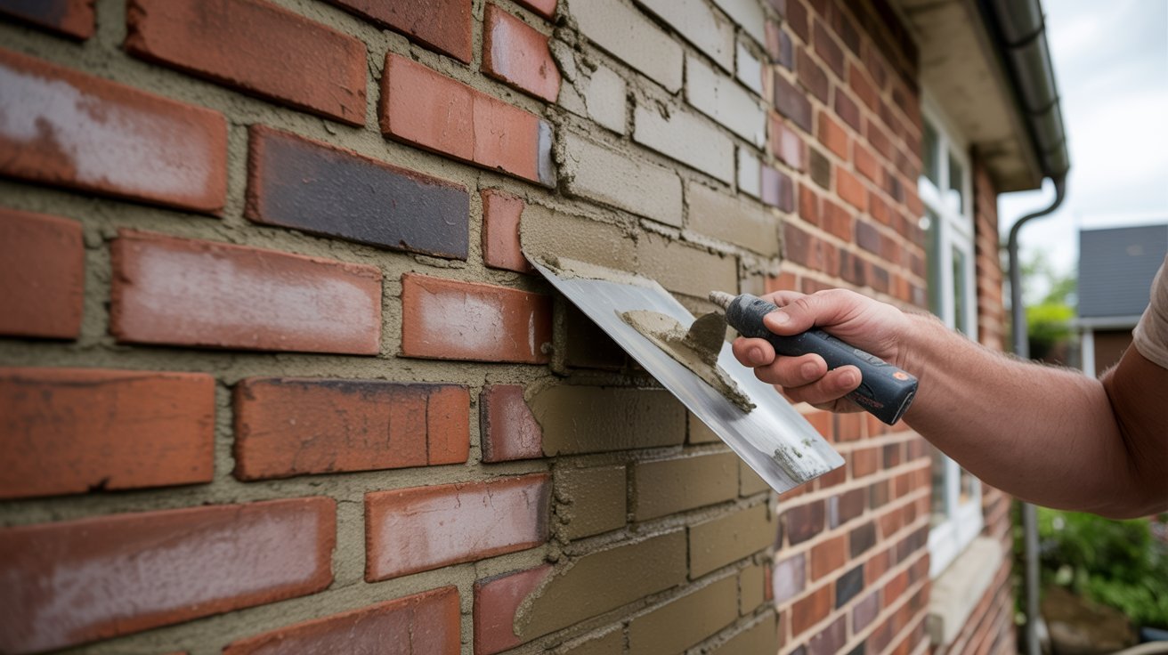 A man paints a brick wall using a paint roller, focused on applying a fresh coat of color.