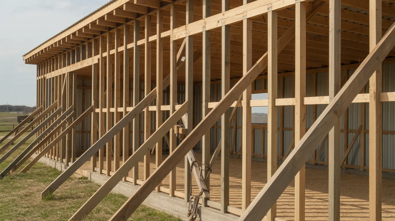 . A traditional barn constructed with wooden framing and a wooden roof, set in a rural landscape.