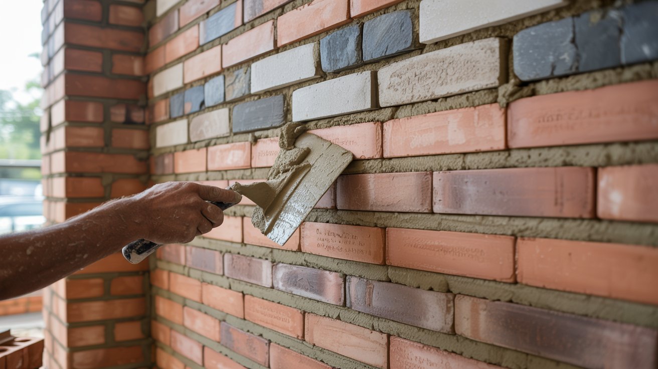 A man applies paint to a wall with a brick, showcasing a unique painting technique.