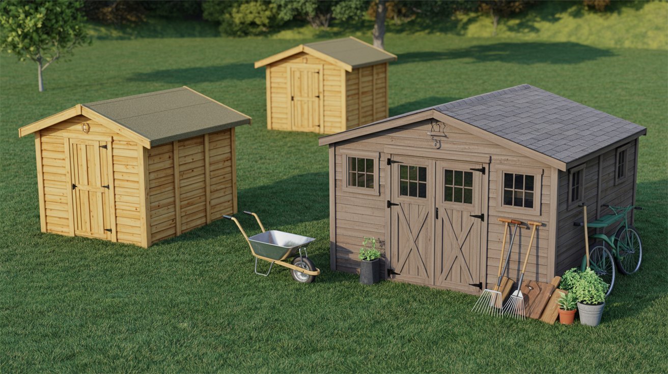 Three wooden sheds stand in a field, accompanied by a garden tool resting on the ground nearby.