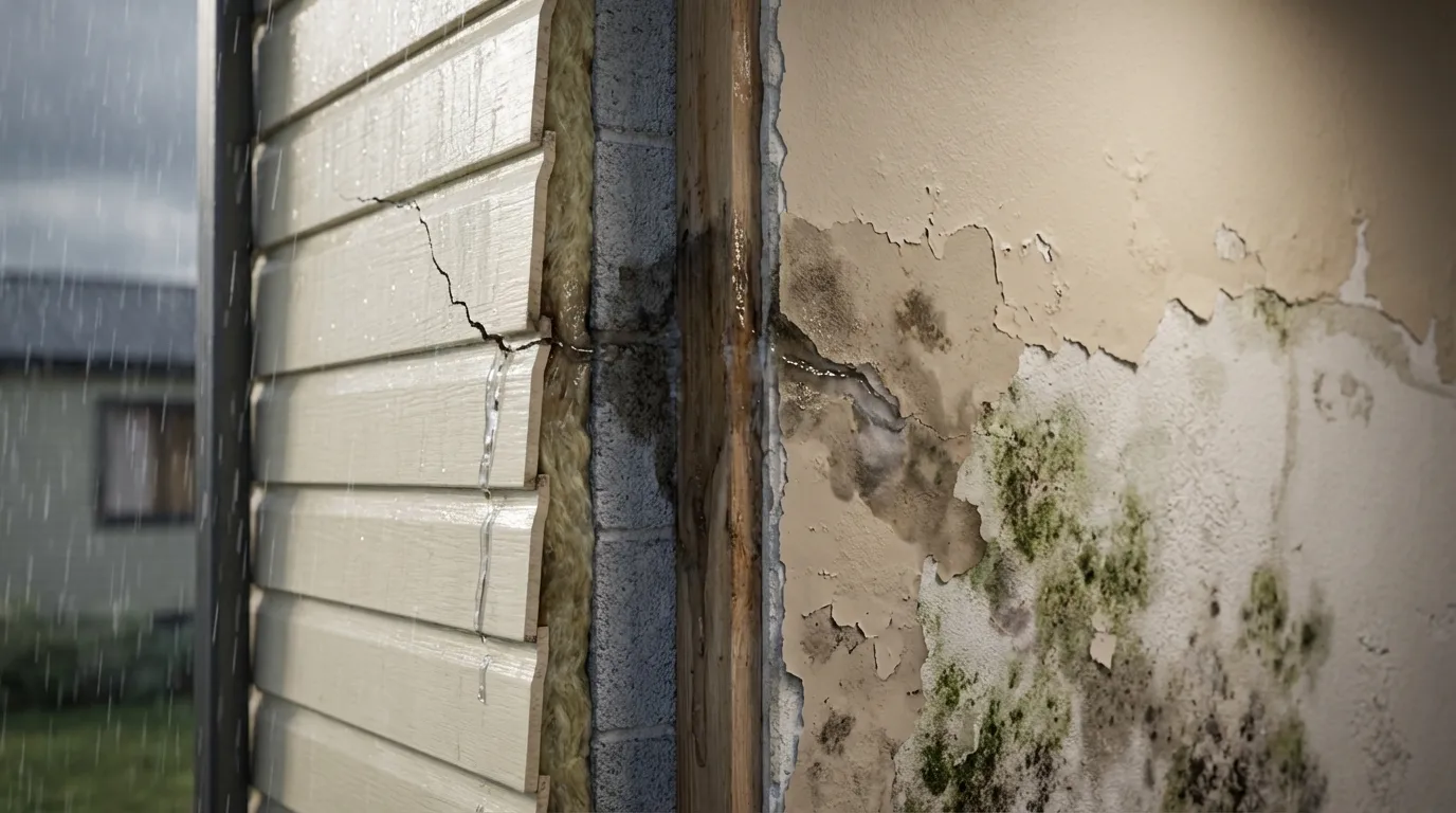 A deteriorating wall covered in mold next to a window with a door, illustrating poor maintenance conditions.
t