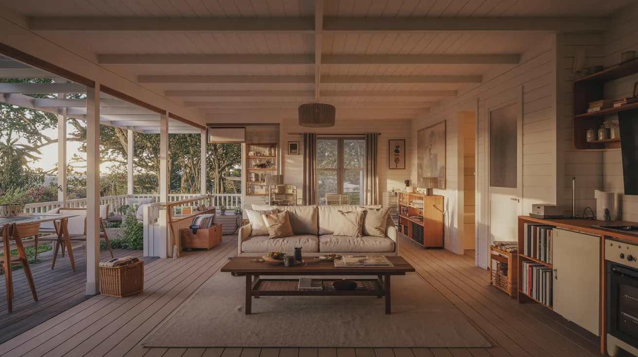 A cozy living room featuring a comfortable couch and a stylish table, creating a welcoming atmosphere.
