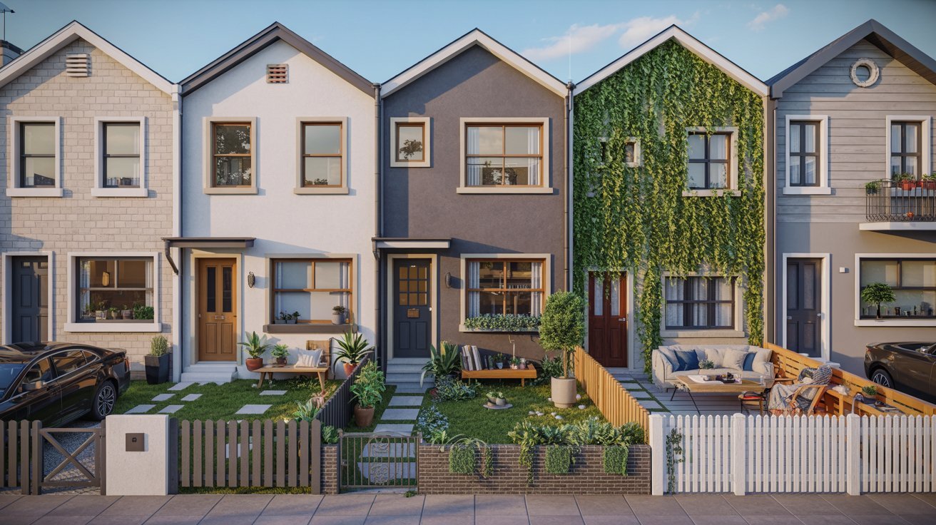 A rendering of a row of modern townhouses with uniform facades and landscaped front yards.