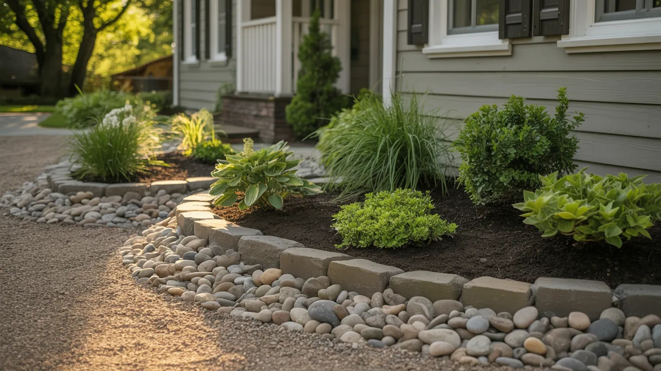 A front yard featuring a stone wall surrounded by well-maintained landscaping and vibrant plants.
