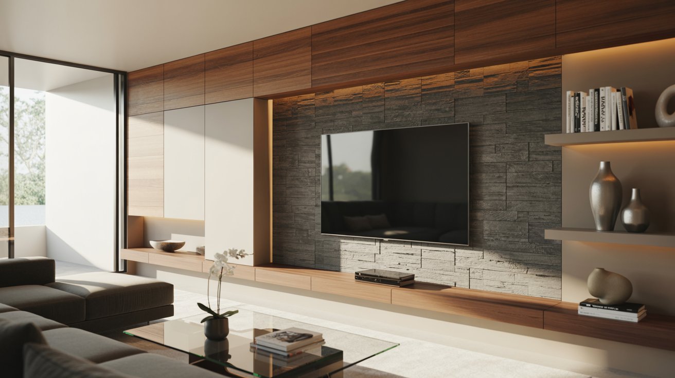  Modern living room featuring a wooden accent wall and a flat-screen TV mounted above a sleek entertainment unit.