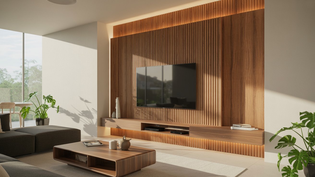  Modern living room featuring a wooden accent wall and a flat-screen TV mounted above a sleek entertainment unit.