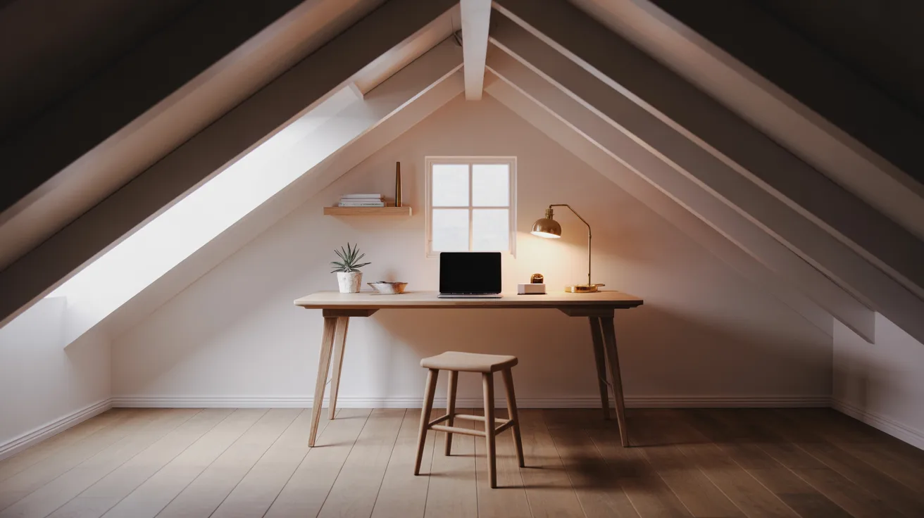 An attic room featuring a desk with a lamp, creating a cozy and functional workspace.