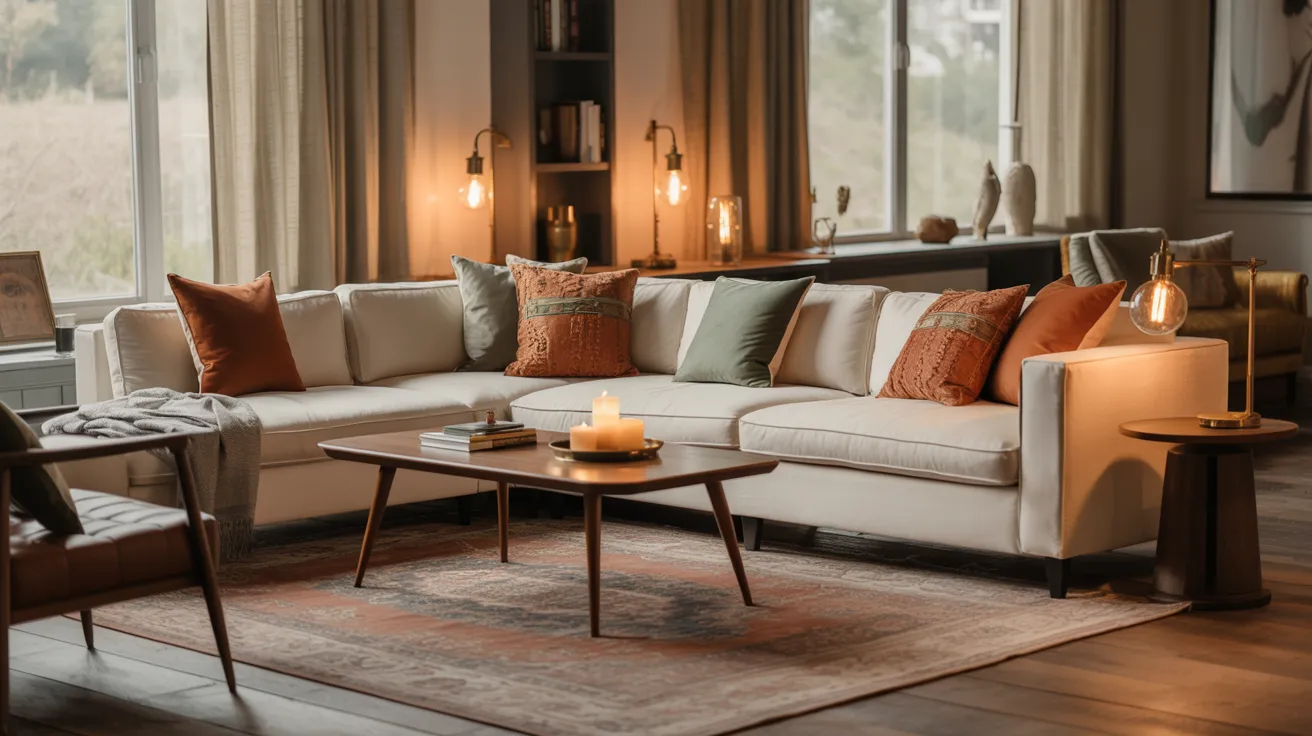A cozy living room featuring a couch, coffee table, and a lamp, creating a warm and inviting atmosphere.