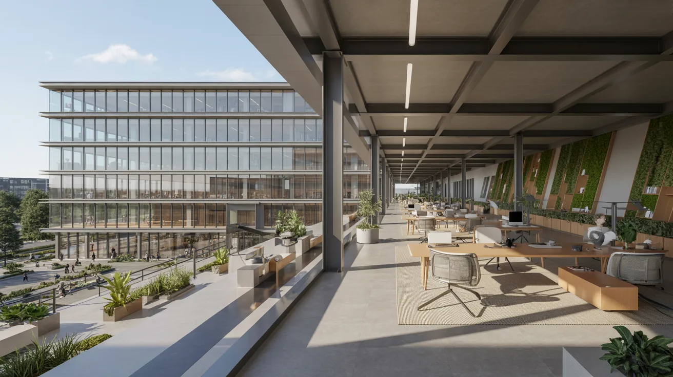 Modern office building featuring a large glass wall and an expansive patio for outdoor gatherings.
