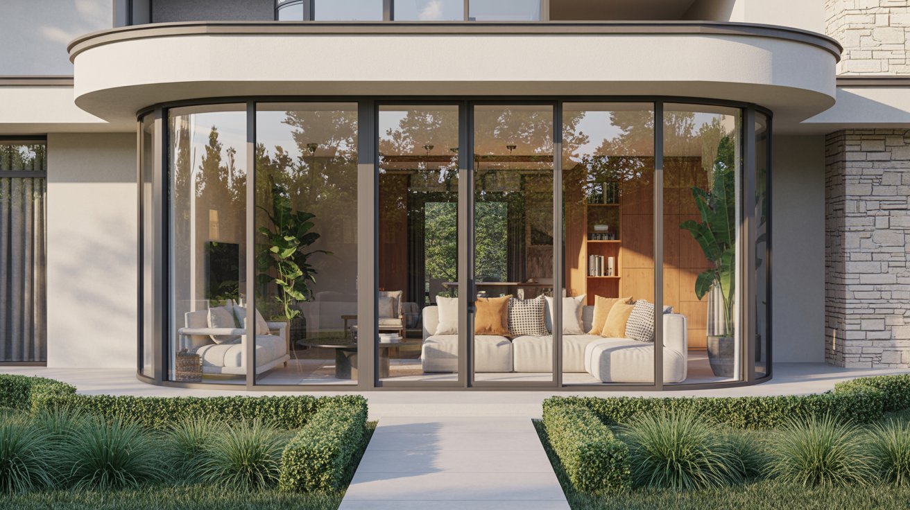 A contemporary home featuring a large glass door that enhances its modern aesthetic.