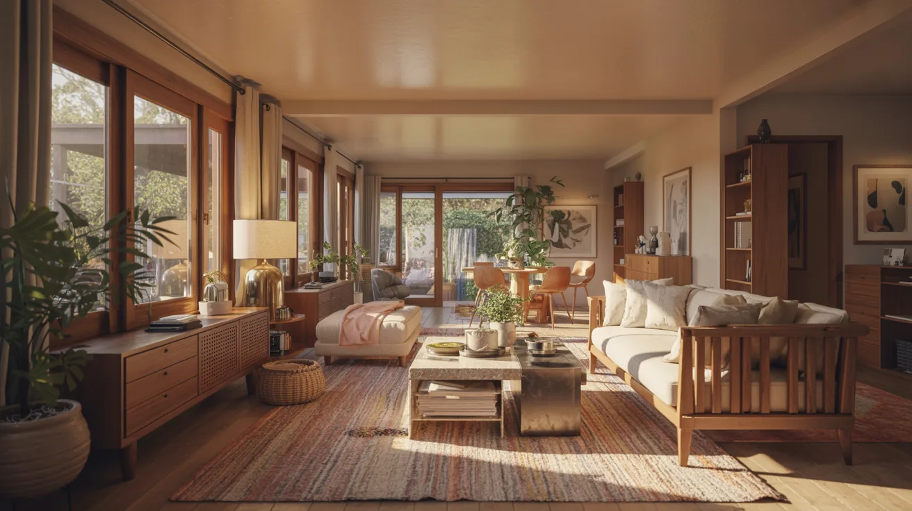 A cozy, sunlit living room with large windows, wooden furniture, a cream sofa, and a colorful rug. Green plants add freshness to the inviting space.