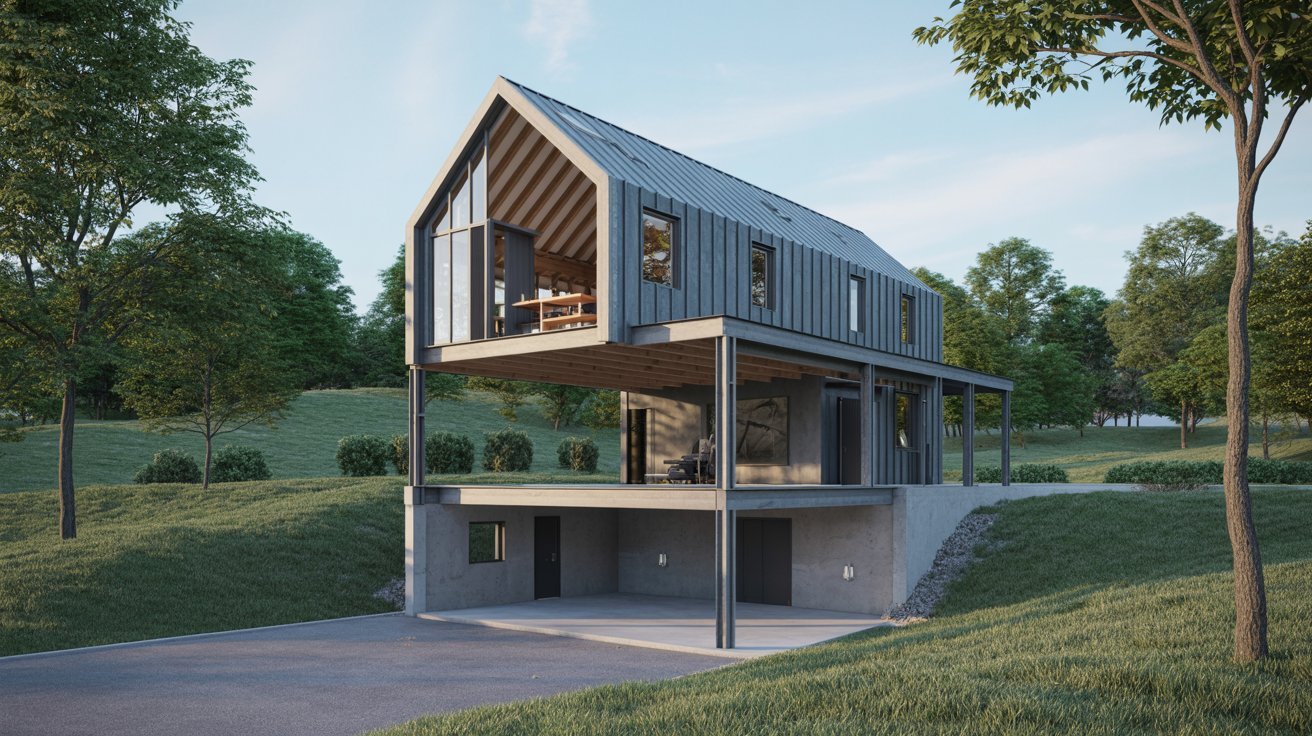 A modern house featuring a spacious deck on the roof, showcasing contemporary architectural design.